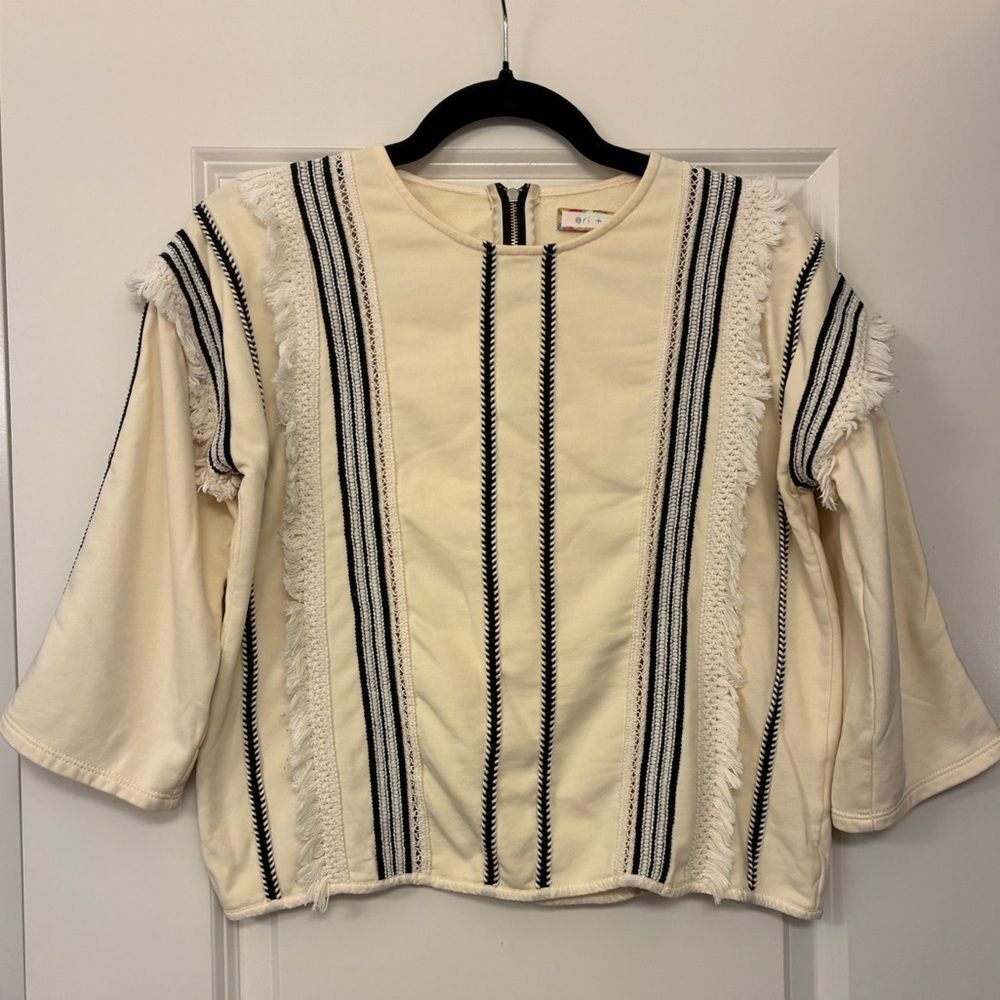ANTHROPOLOGIE ERI + ALI Fringe Top Trim Black Cream Blouse Women’s Size XS - Picture 3 of 6